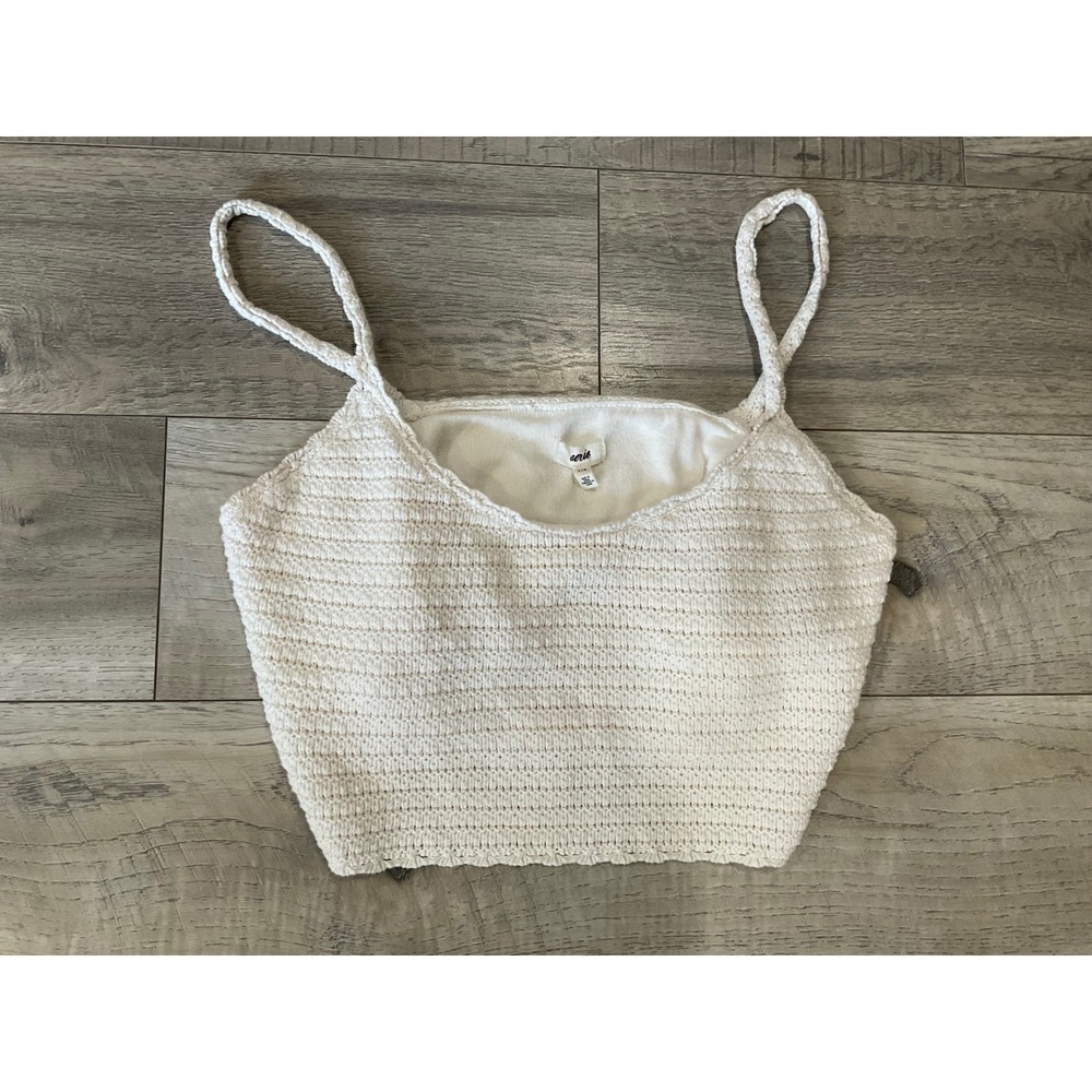 Aerie Crochet Crop Tank Top Cream Off White Knit Camisole Large